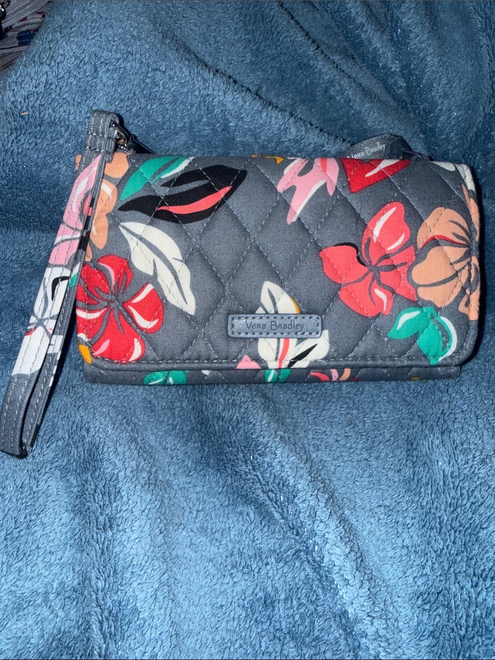 Vera Bradley Gray Quilted Floral Wristlet with Red & Green Accents